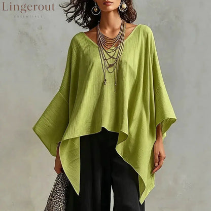 Women’s V-neck 3/4-sleeve Casual Loose Cotton-linen Top