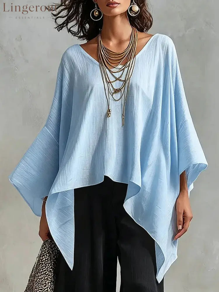 Women’s V-neck 3/4-sleeve Casual Loose Cotton-linen Top - Light blue / S