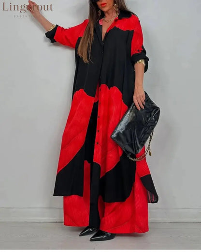 Women’s V-neck Patchwork Top and Pants Casual Set - Black Red / S - Matching Sets