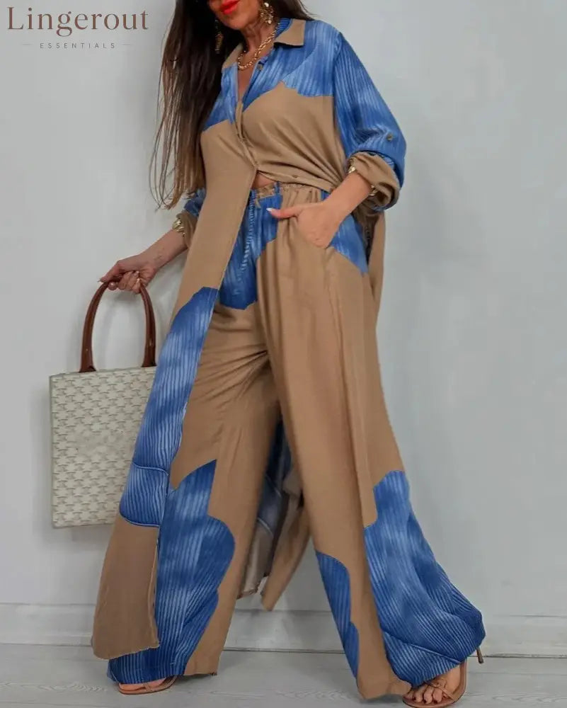 Women’s V-neck Patchwork Top and Pants Casual Set - Blue / S - Matching Sets