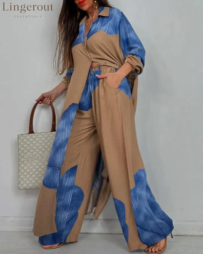 Women’s V-neck Patchwork Top and Pants Casual Set - Blue / S - Matching Sets