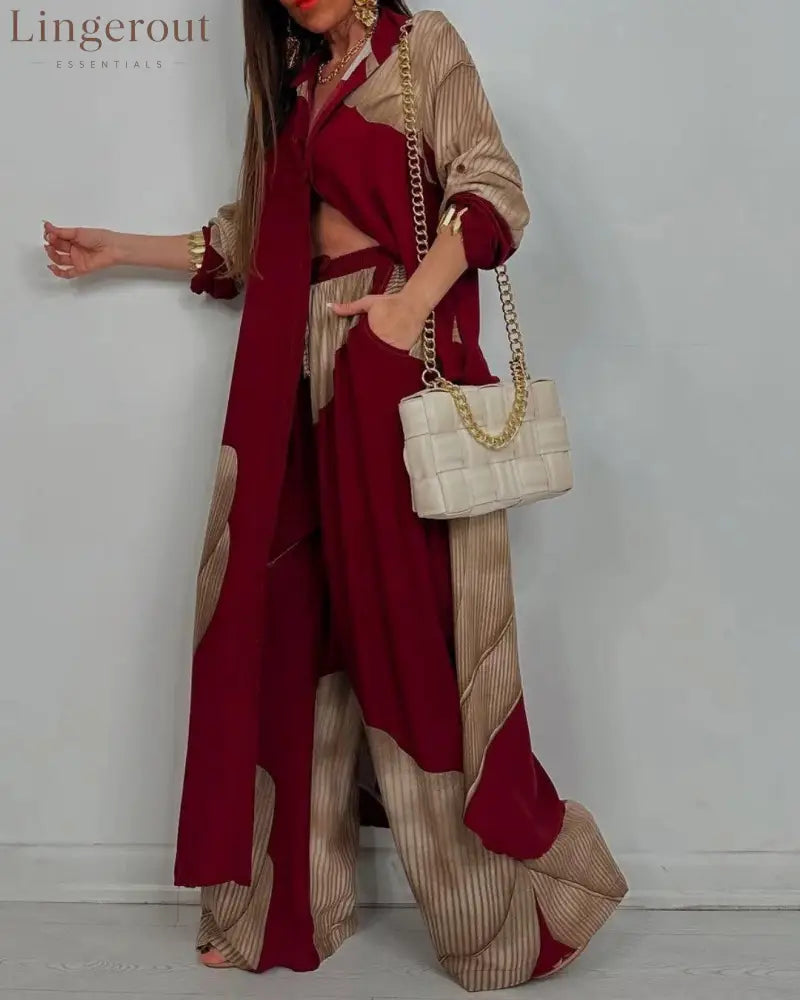 Women’s V-neck Patchwork Top and Pants Casual Set - Burgundy / S - Matching Sets