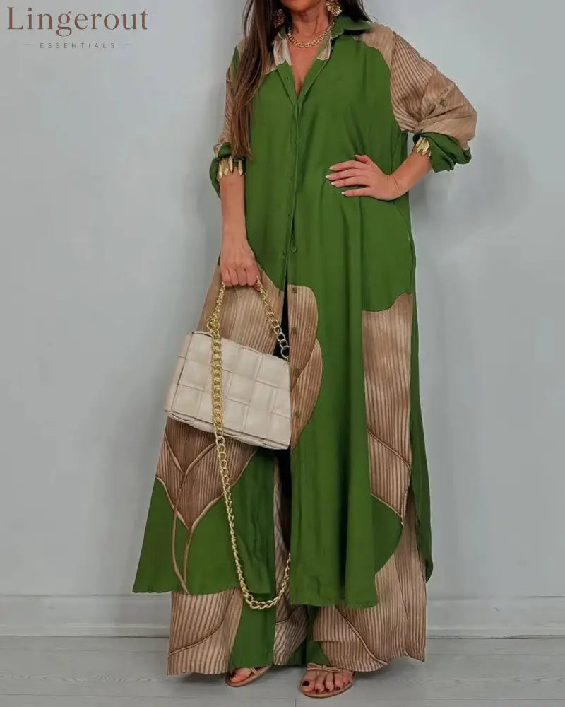Women’s V-neck Patchwork Top and Pants Casual Set - Green / S - Matching Sets