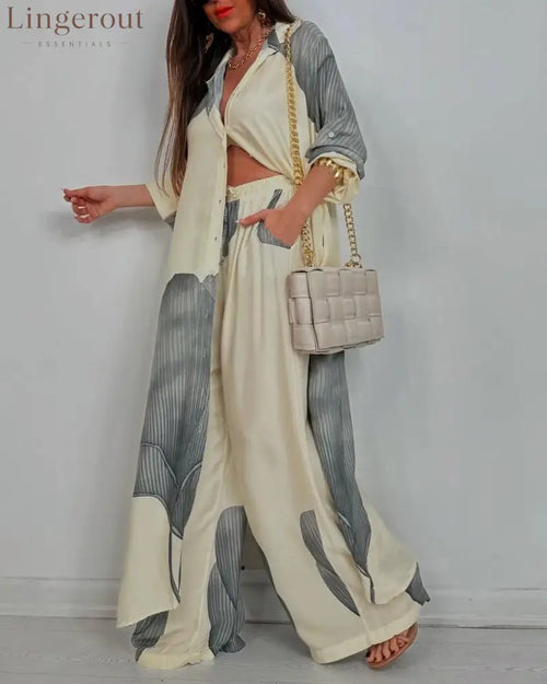 Women’s V-neck Patchwork Top and Pants Casual Set - White / S - Matching Sets