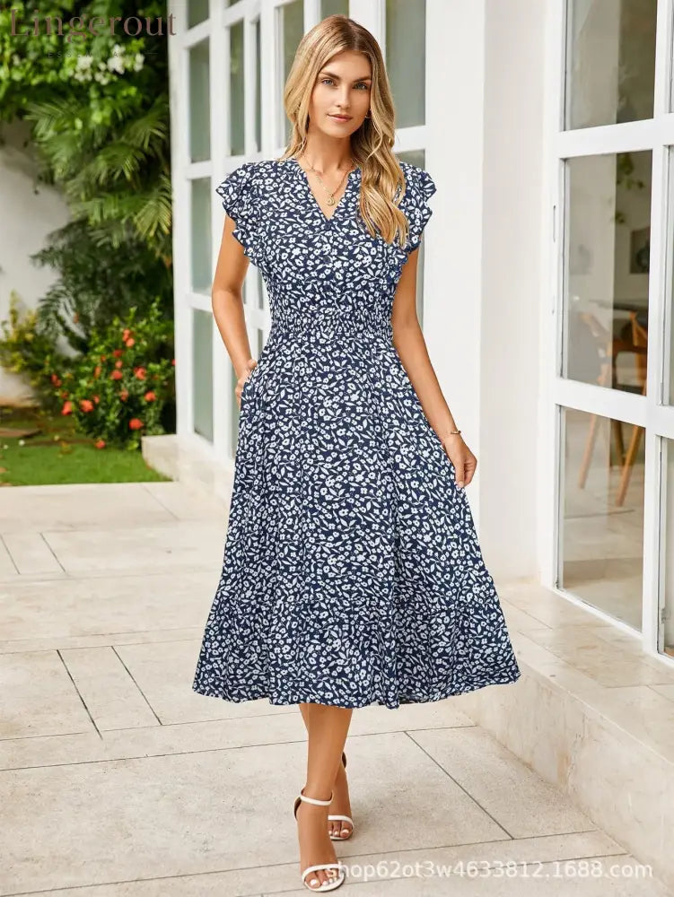 Women’s V-Neck Ruffle Sleeve Midi Dress - Versatile Casual Floral/Print Dress with Pockets (6 Colors Available) - Navy