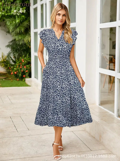 Women’s V-Neck Ruffle Sleeve Midi Dress - Versatile Casual Floral/Print Dress with Pockets (6 Colors Available) - Navy