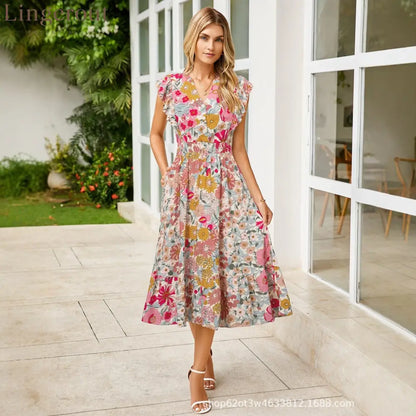 Women’s V-Neck Ruffle Sleeve Midi Dress - Versatile Casual Floral/Print Dress with Pockets (6 Colors Available) - Pink