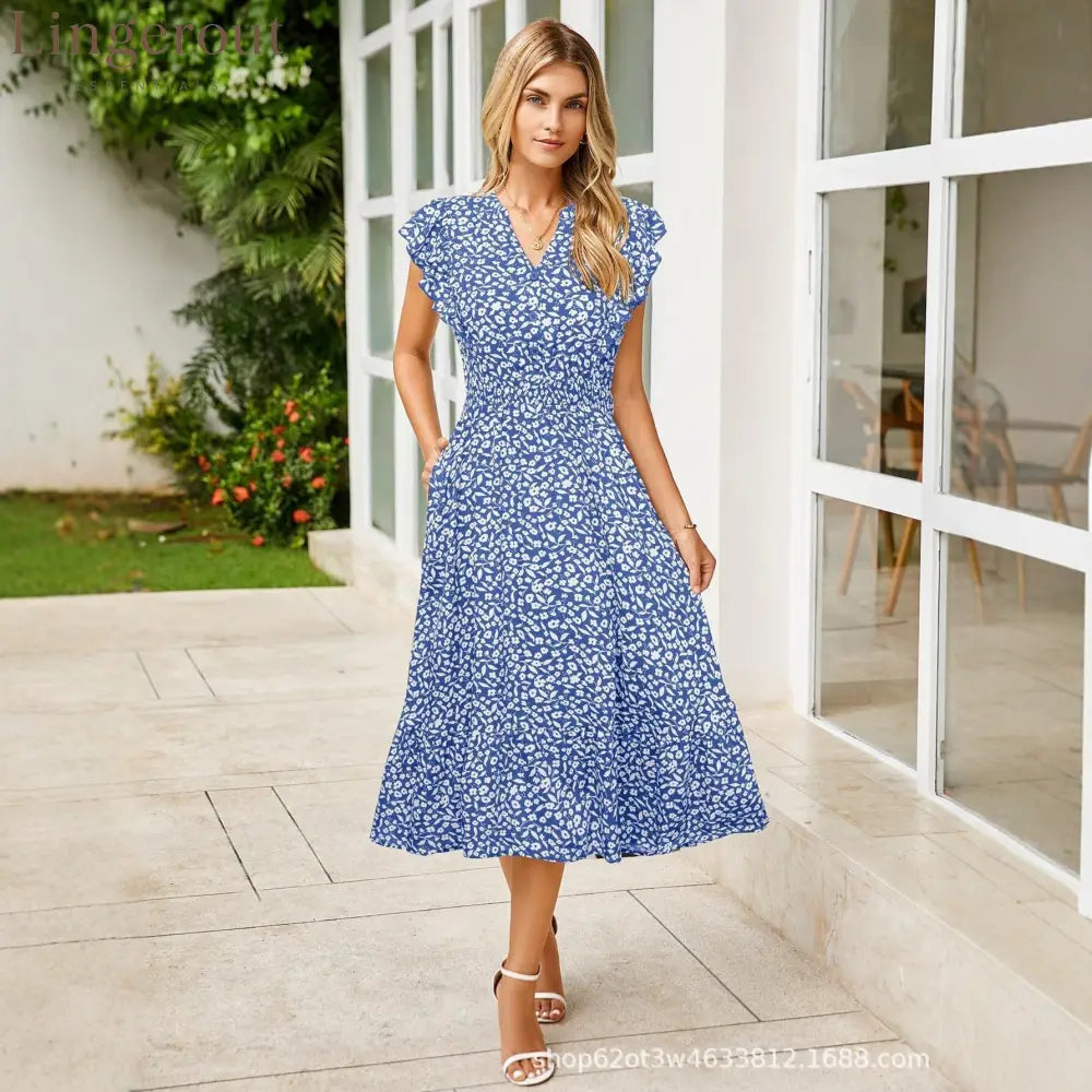 Women’s V-Neck Ruffle Sleeve Midi Dress - Versatile Casual Floral/Print Dress with Pockets (6 Colors Available) - Sky