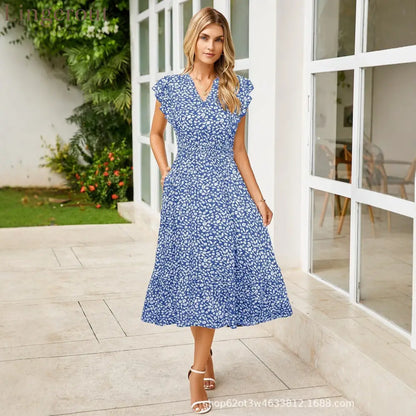Women’s V-Neck Ruffle Sleeve Midi Dress - Versatile Casual Floral/Print Dress with Pockets (6 Colors Available) - Sky