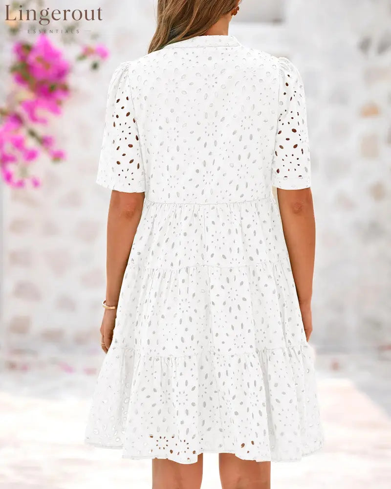 Women’s V Neck Short Sleeve Hollow Out Lace Ruffle Summer Dresses