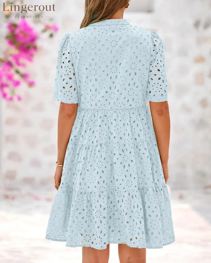 Women’s V Neck Short Sleeve Hollow Out Lace Ruffle Summer Dresses
