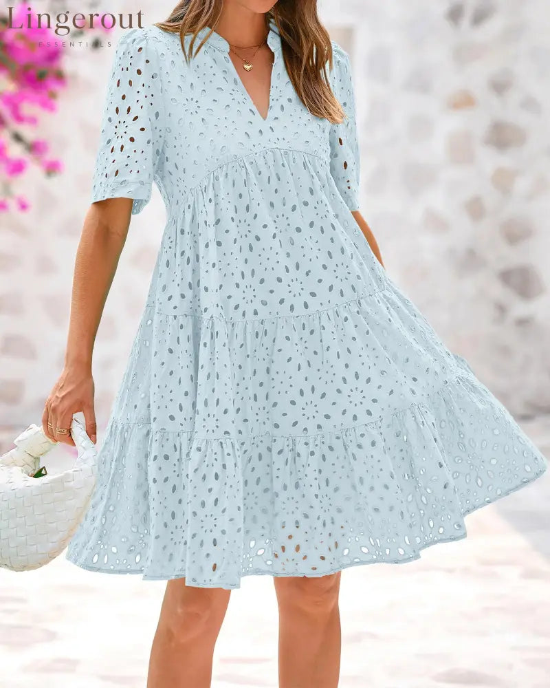 Women’s V Neck Short Sleeve Hollow Out Lace Ruffle Summer Dresses