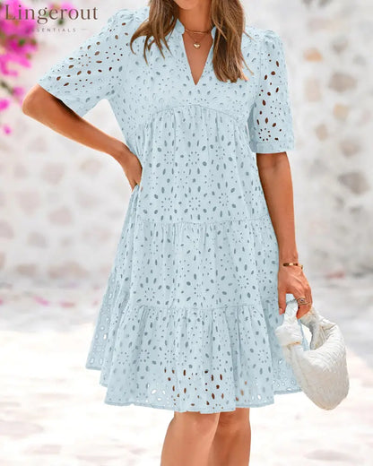 Women’s V Neck Short Sleeve Hollow Out Lace Ruffle Summer Dresses - Light blue / S