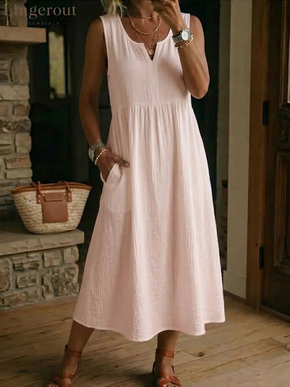 Women’s V-neck Sleeveless Cotton-linen Dress - Pink / S