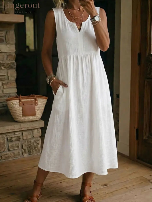 Women’s V-neck Sleeveless Cotton-linen Dress - White / S