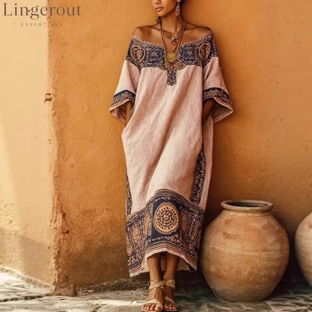 Women’S Vacation Bohemian Printed Loose Dress - Pink / S