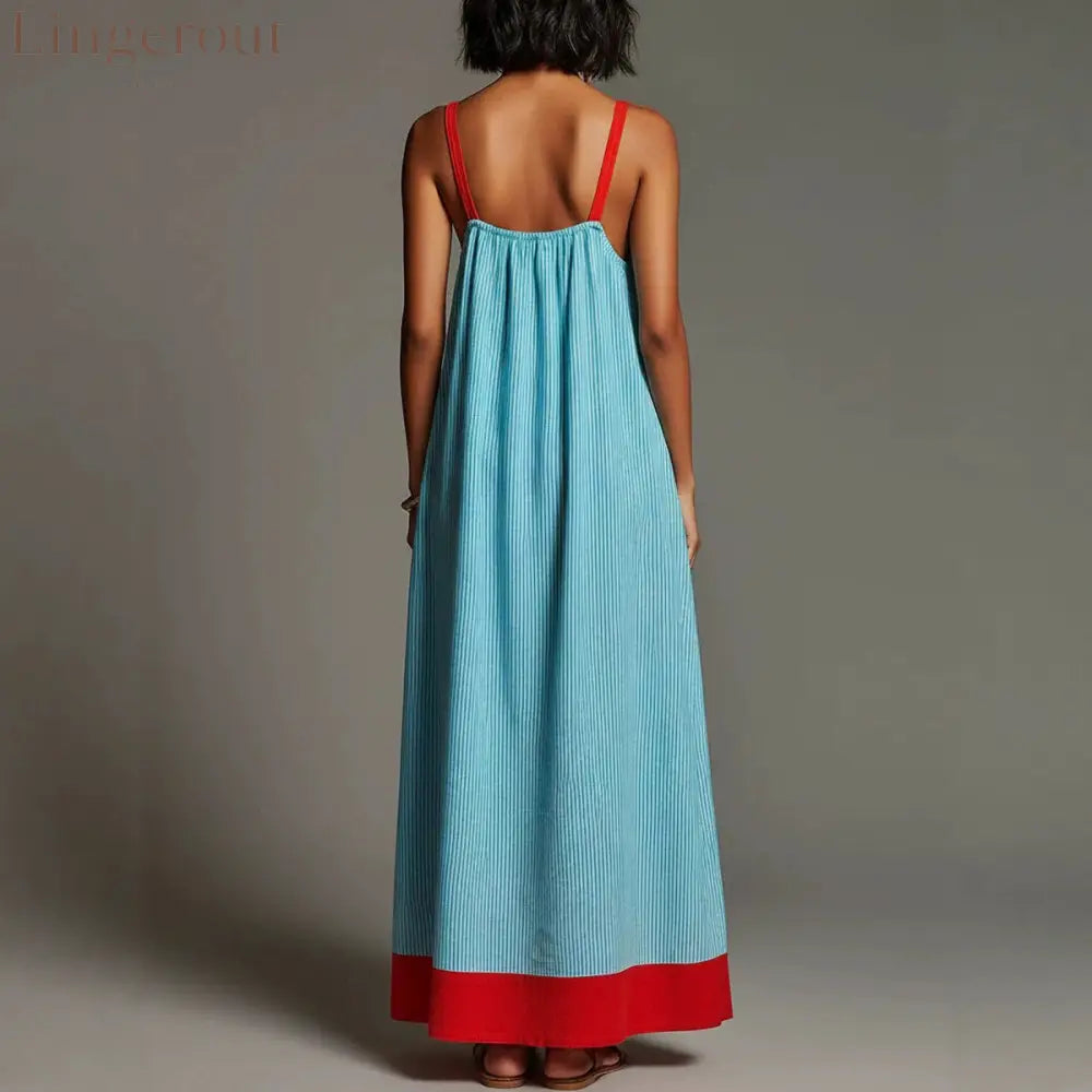 Women’s Vacation Linen-Cotton Striped Color Block Spaghetti Strap Maxi Dress with Pockets