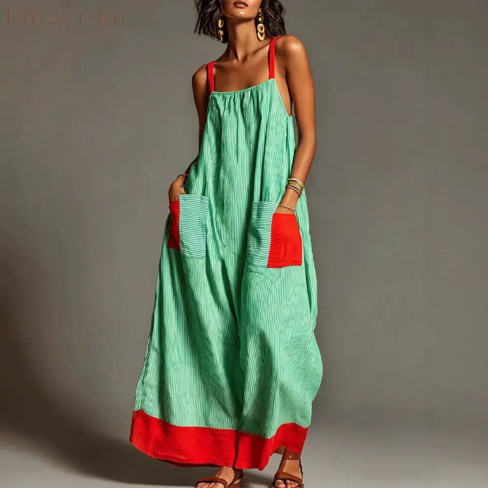 Women’s Vacation Linen-Cotton Striped Color Block Spaghetti Strap Maxi Dress with Pockets