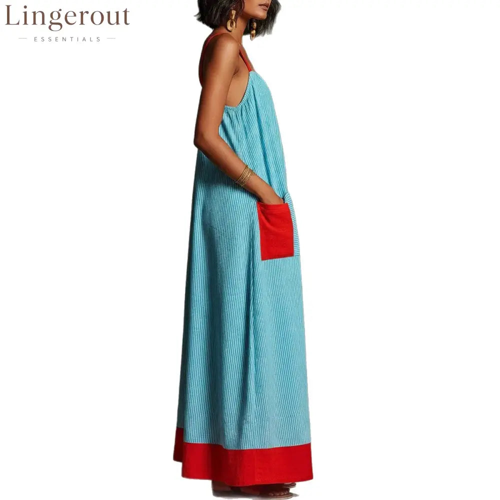 Women’s Vacation Linen-Cotton Striped Color Block Spaghetti Strap Maxi Dress with Pockets