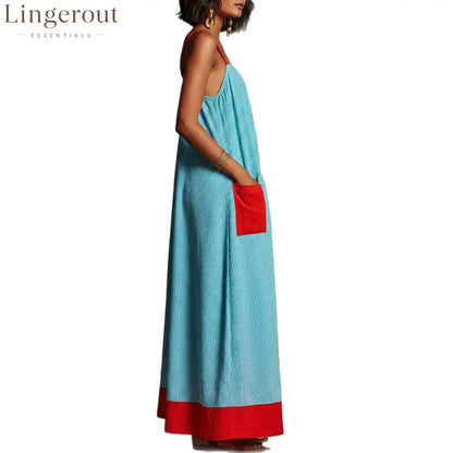 Women’s Vacation Linen-Cotton Striped Color Block Spaghetti Strap Maxi Dress with Pockets