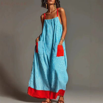 Women’s Vacation Linen-Cotton Striped Color Block Spaghetti Strap Maxi Dress with Pockets - Blue / S