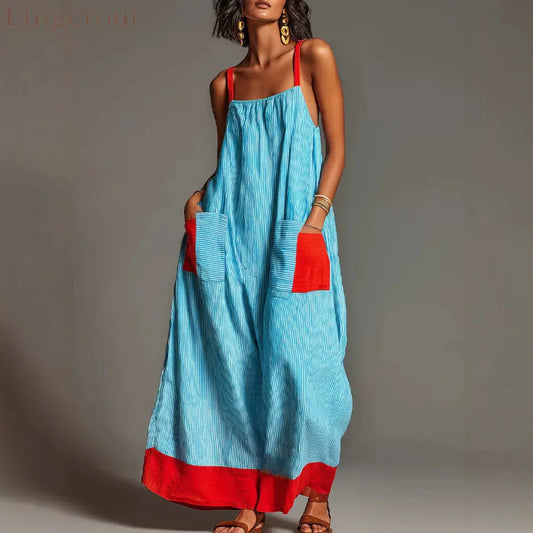 Women’s Vacation Linen-Cotton Striped Color Block Spaghetti Strap Maxi Dress with Pockets - Blue / S