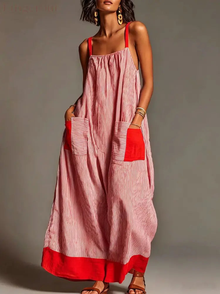 Women’s Vacation Linen-Cotton Striped Color Block Spaghetti Strap Maxi Dress with Pockets - Red / S
