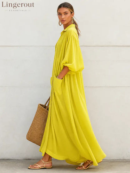 Women’s Vacation-Style Flowy Lemon Yellow Cotton-Linen Oversized Shirt Dress
