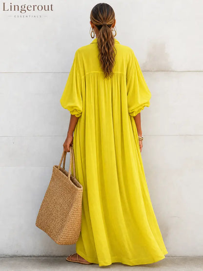 Women’s Vacation-Style Flowy Lemon Yellow Cotton-Linen Oversized Shirt Dress
