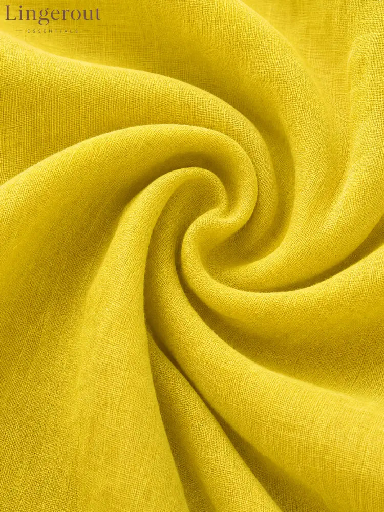 Women’s Vacation-Style Flowy Lemon Yellow Cotton-Linen Oversized Shirt Dress