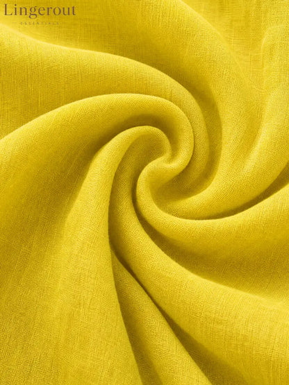 Women’s Vacation-Style Flowy Lemon Yellow Cotton-Linen Oversized Shirt Dress