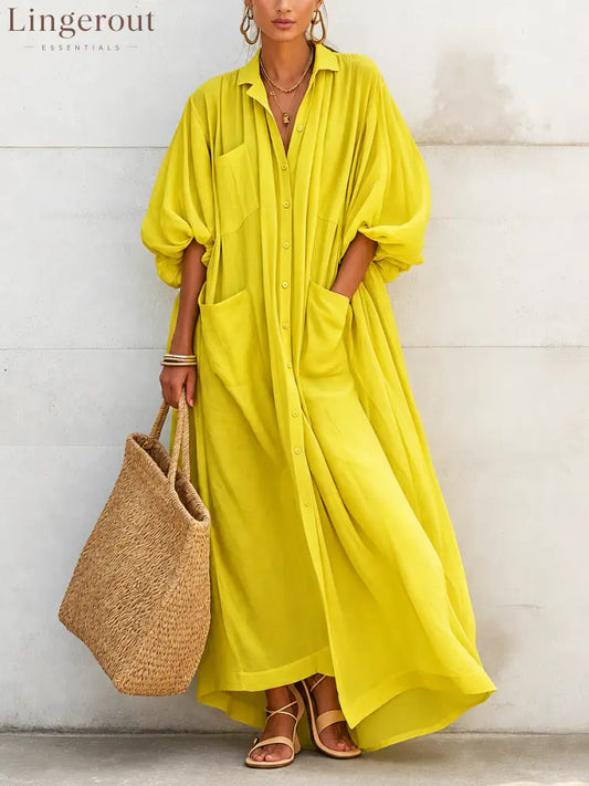 Women’s Vacation-Style Flowy Lemon Yellow Cotton-Linen Oversized Shirt Dress
