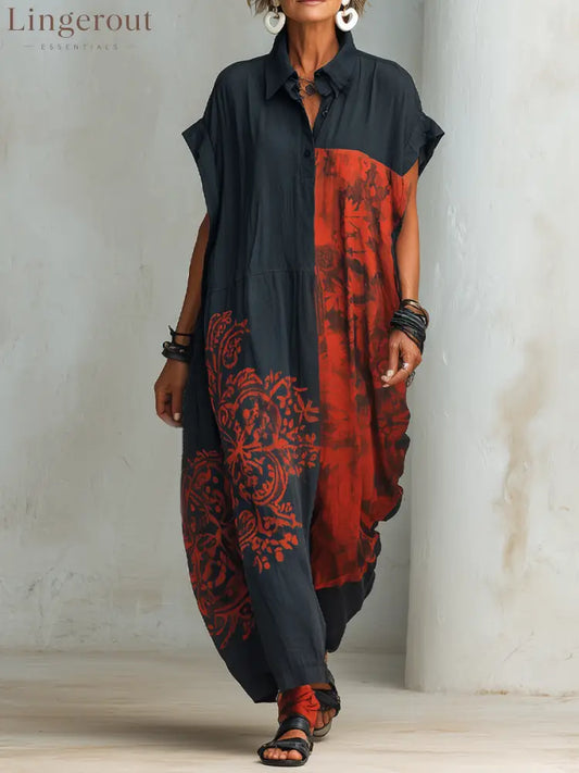 Women’s Vintage Casual Blend Printed Henley-Neck Short-Sleeve Maxi Dress - Red-Black / XS