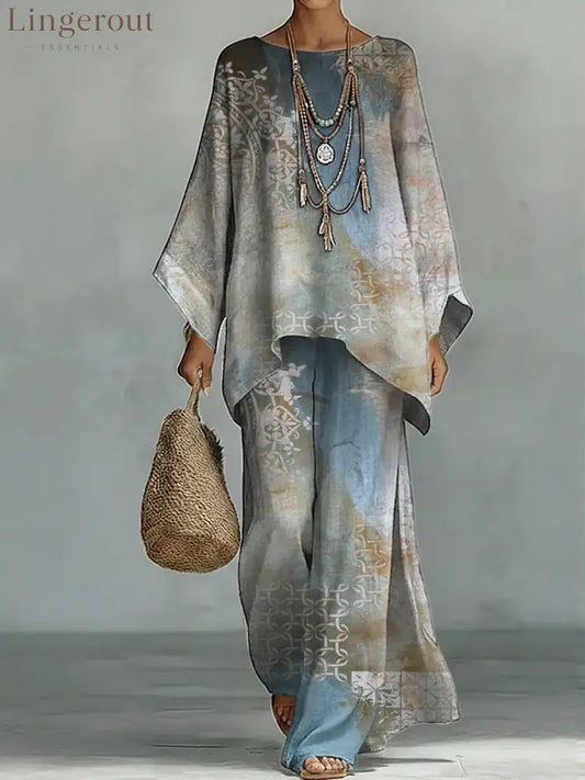 Women’s Vintage Floral Art Comfortable Loose Cotton Linen Wide-leg Pants Two-piece Set - Multicolor / S