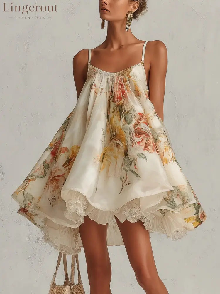 Women’s Vintage Floral Print Spaghetti‑Strap High‑Low Ruffle Mini Dress