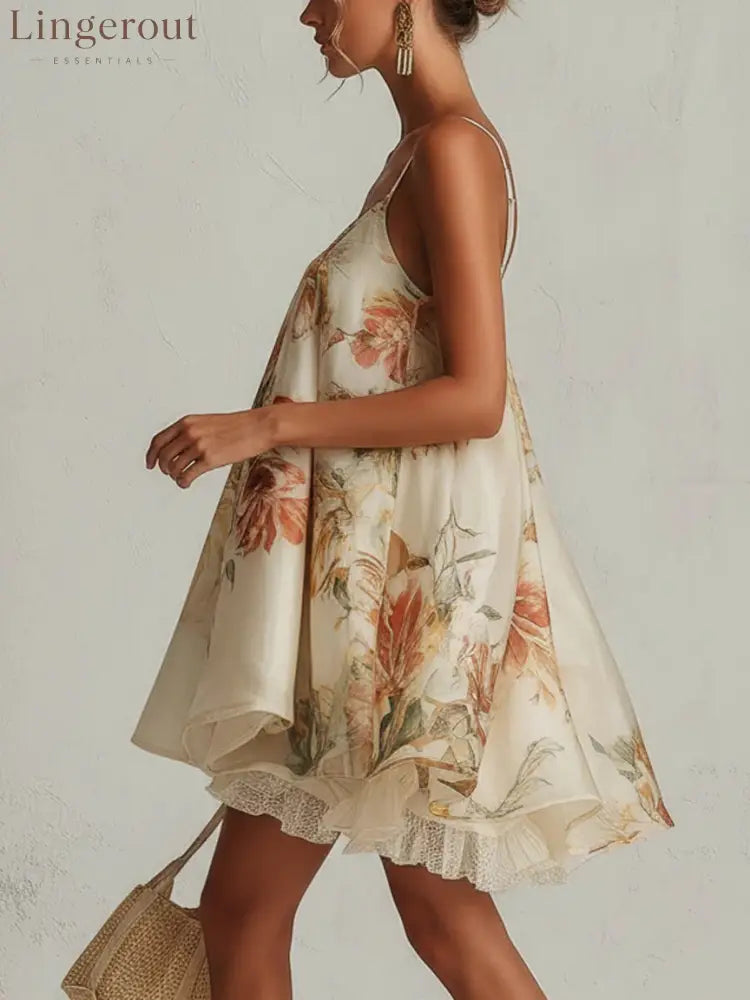 Women’s Vintage Floral Print Spaghetti‑Strap High‑Low Ruffle Mini Dress