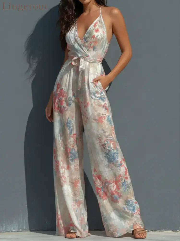 Women’s Vintage Print V-neck Jumpsuit