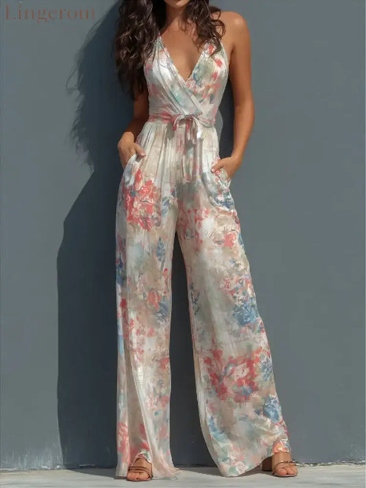 Women’s Vintage Print V-neck Jumpsuit - Multicolor / S