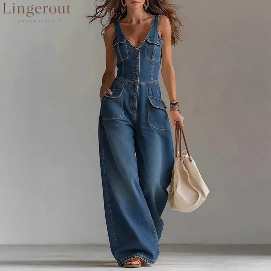 Women’s Washed Denim Loose-Fit Sleeveless Jumpsuit