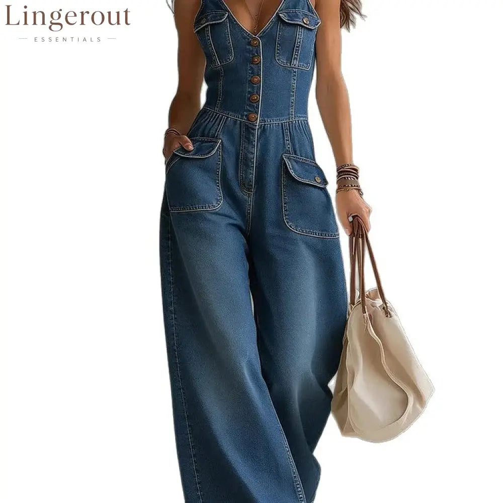 Women’s Washed Denim Loose-Fit Sleeveless Jumpsuit
