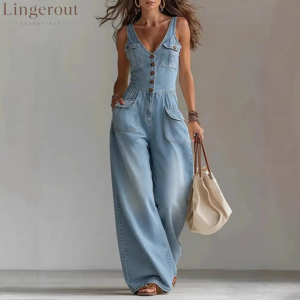 Women’s Washed Denim Loose-Fit Sleeveless Jumpsuit