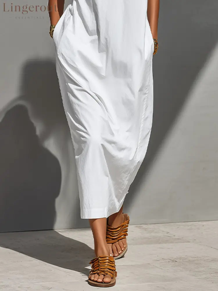 Women’s White 100% Cotton Maxi Shirt Dress With Half-Zip Collar & Rolled Sleeves Timeless Casual Everyday Dress