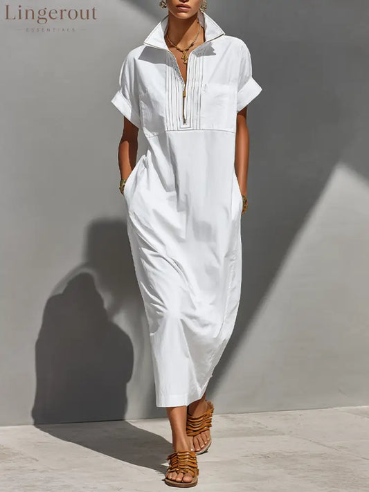 Women’s White 100% Cotton Maxi Shirt Dress With Half-Zip Collar & Rolled Sleeves Timeless Casual Everyday Dress - White