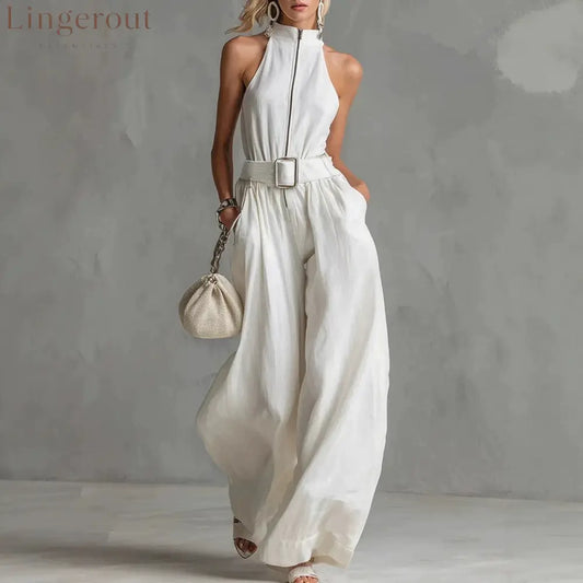 Women’s White Linen-Blend Halter Wide-Leg Jumpsuit with Belt