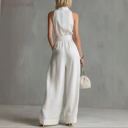 Women’s White Linen-Blend Halter Wide-Leg Jumpsuit with Belt