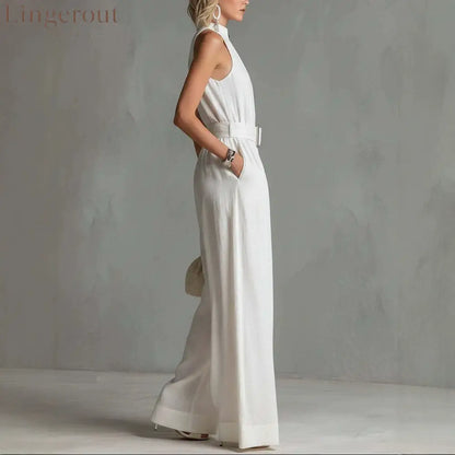 Women’s White Linen-Blend Halter Wide-Leg Jumpsuit with Belt