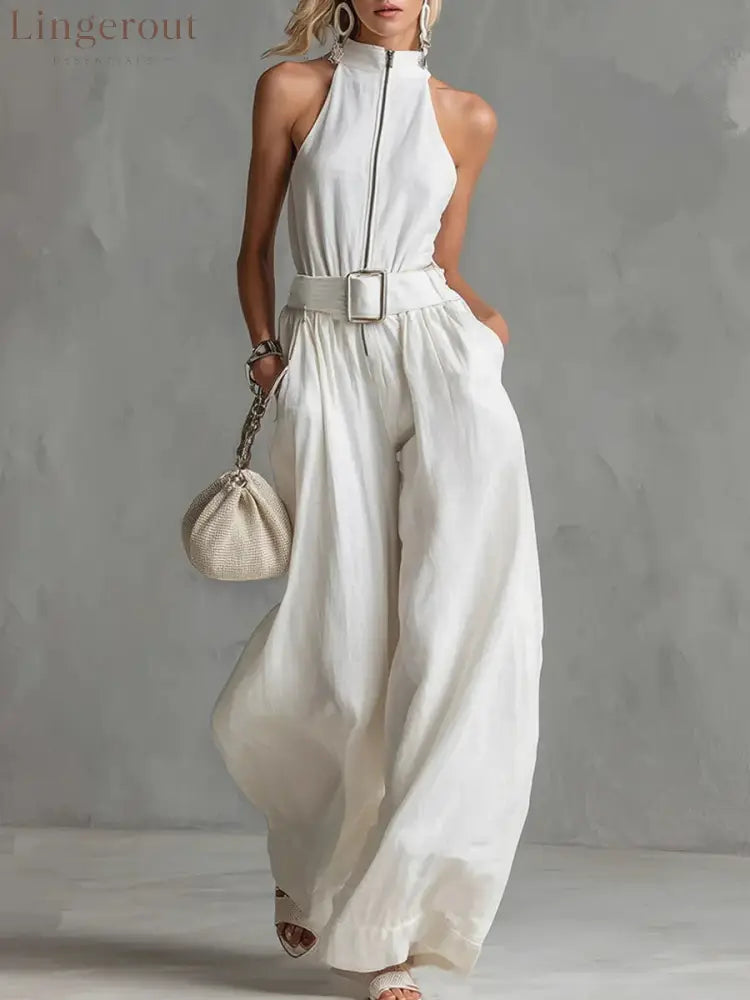 Women’s White Linen-Blend Halter Wide-Leg Jumpsuit with Belt - White / XS