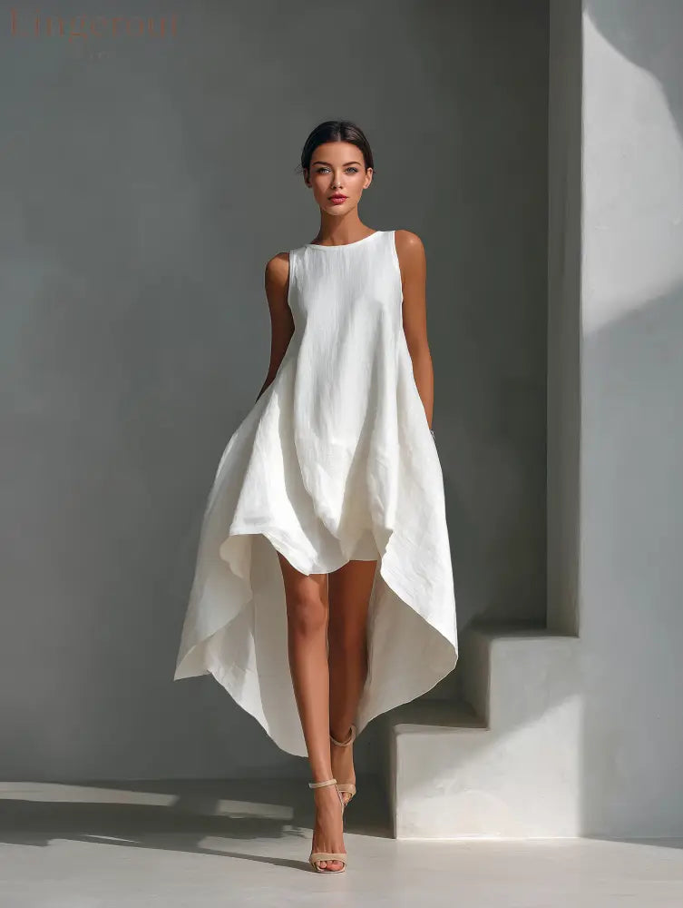Women’s White Linen Fabric Sleeveless Midi Dress With Round Neck