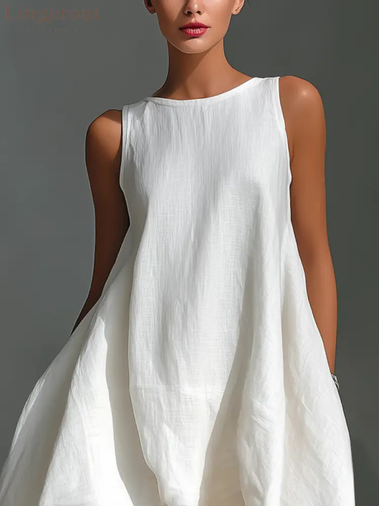 Women’s White Linen Fabric Sleeveless Midi Dress With Round Neck