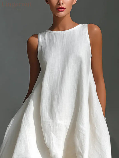 Women’s White Linen Fabric Sleeveless Midi Dress With Round Neck